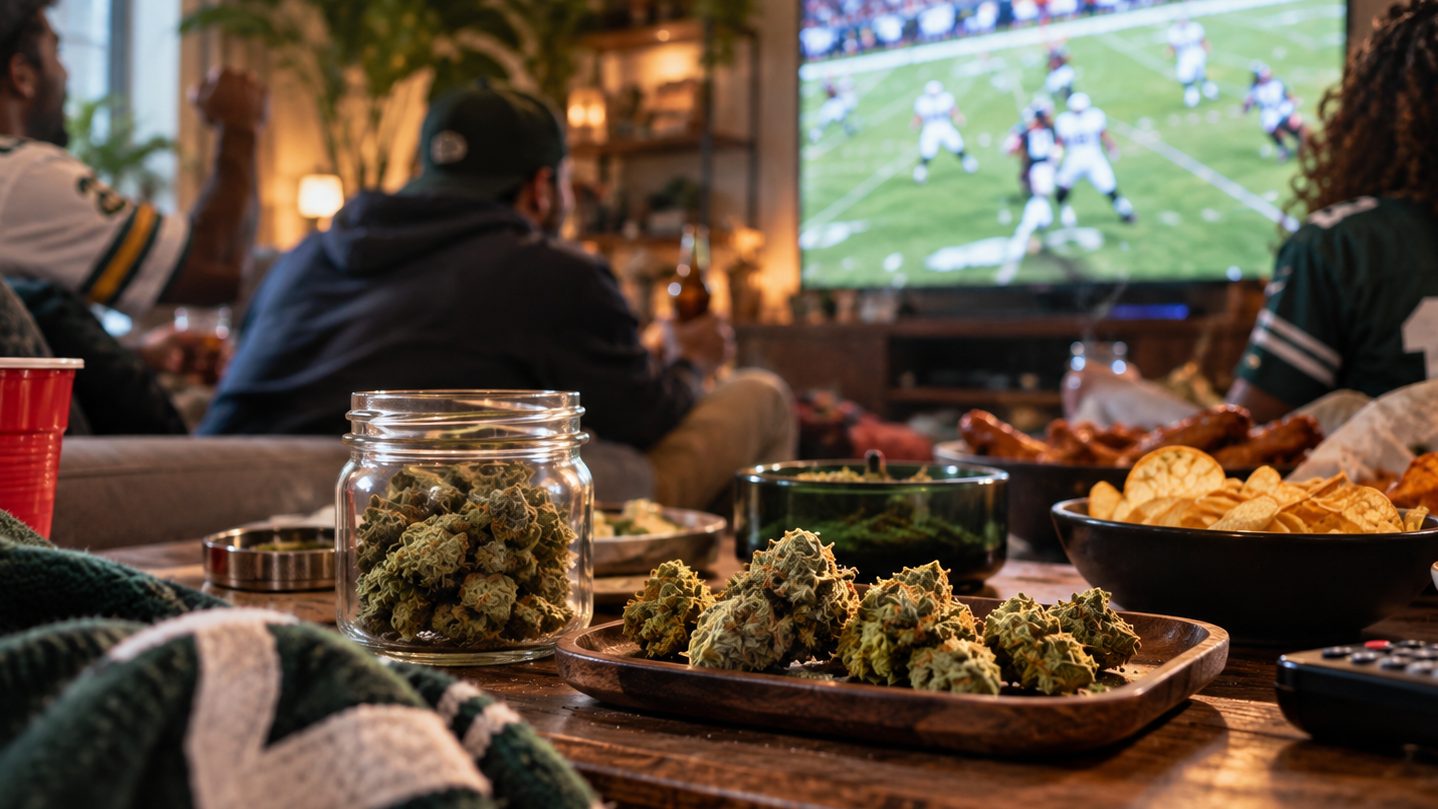 Friends watching football with cannabis jars and snacks on coffee table
